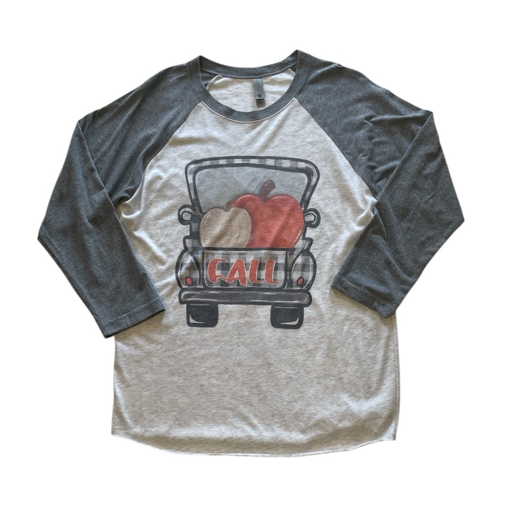 NEXT LEVEL RAGLAN FALL THEME  TRUCK GRAPHIC GRAY 3/4 SLEEVE T-SHIRT SIZE SMALL